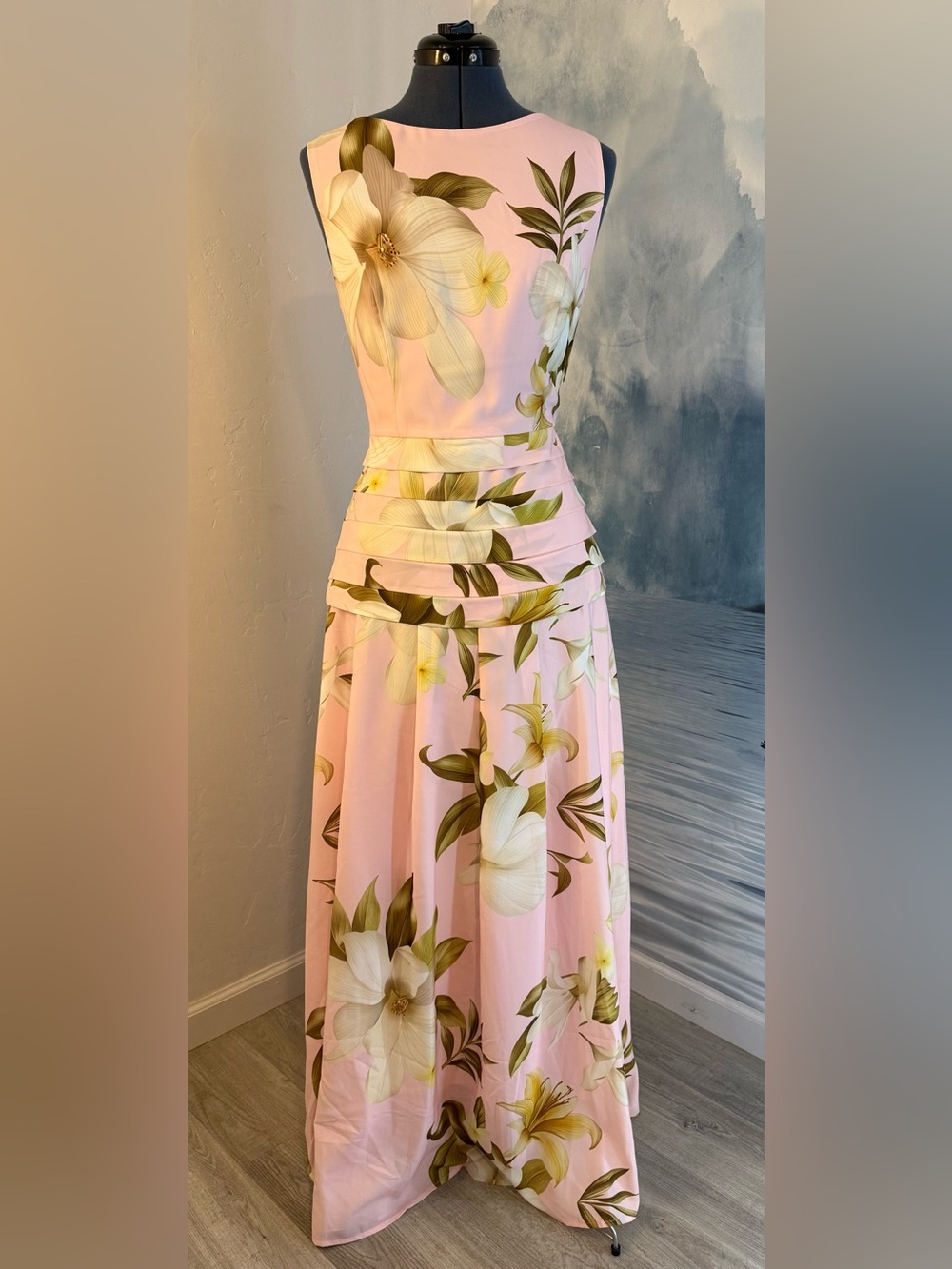 Sleeveless Pink Floral Maxi Dress with Pleated Waist #280 - Picture 2 of 8